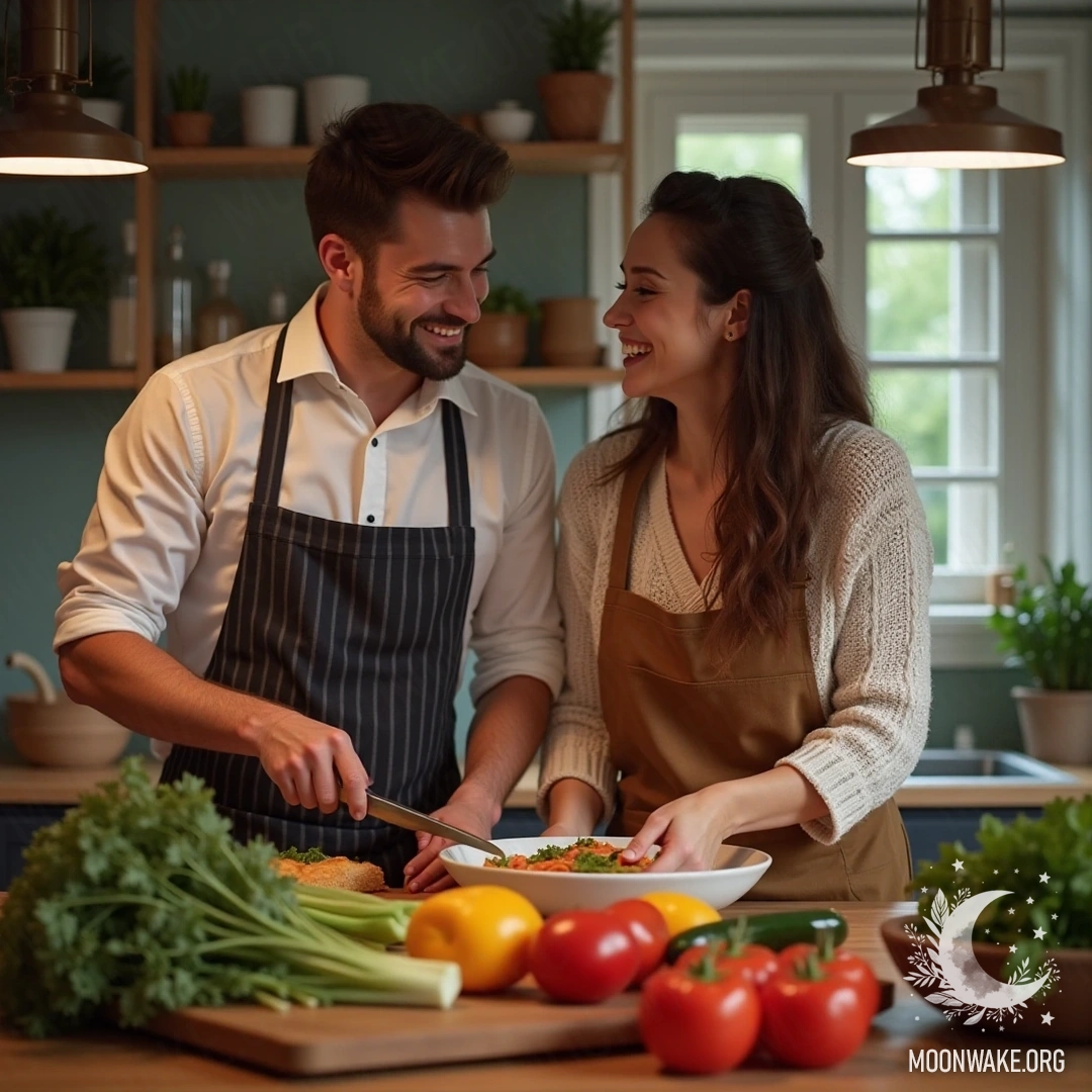 A couple laughing while cooking together in a cozy kitchen, surrounded by fresh ingredients.