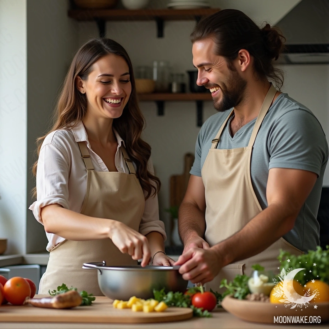 A couple joyfully cooking together in the kitchen with smiles.