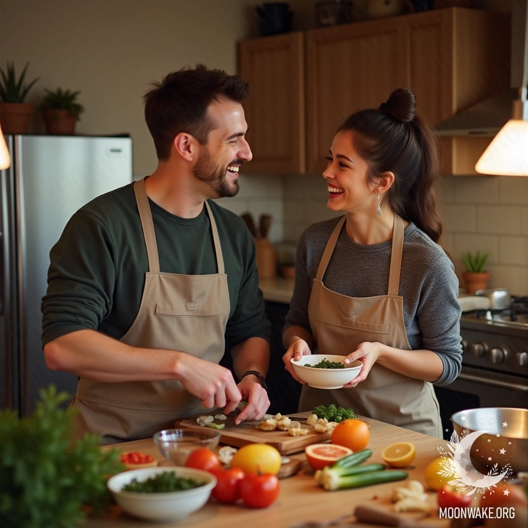 A couple laughing together while cooking in a cozy kitchen.