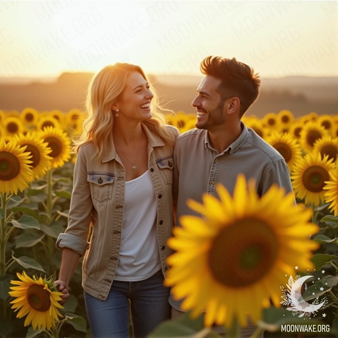 A couple laughing together in a vibrant sunflower field.