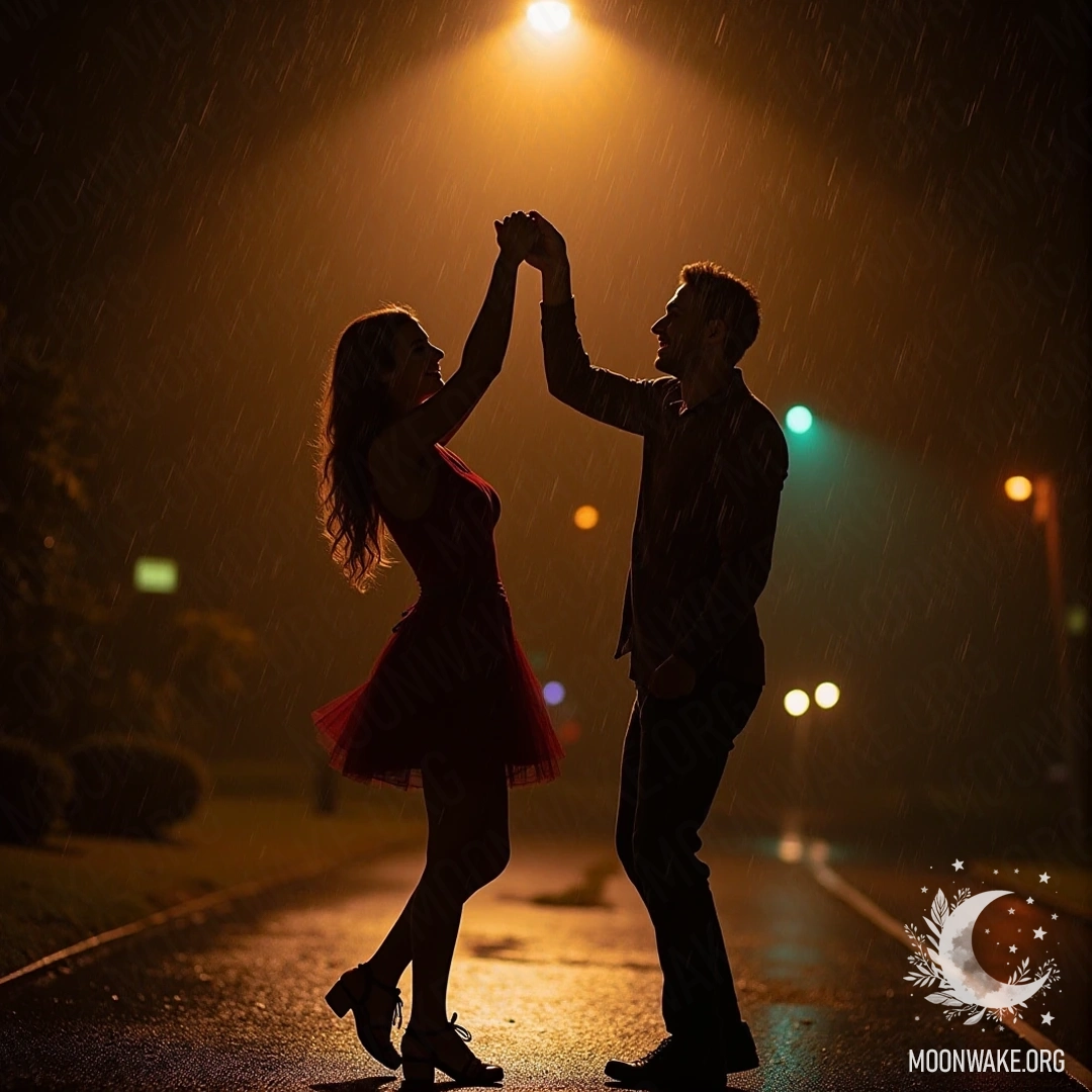 A couple joyfully dancing in the rain under a streetlamp.