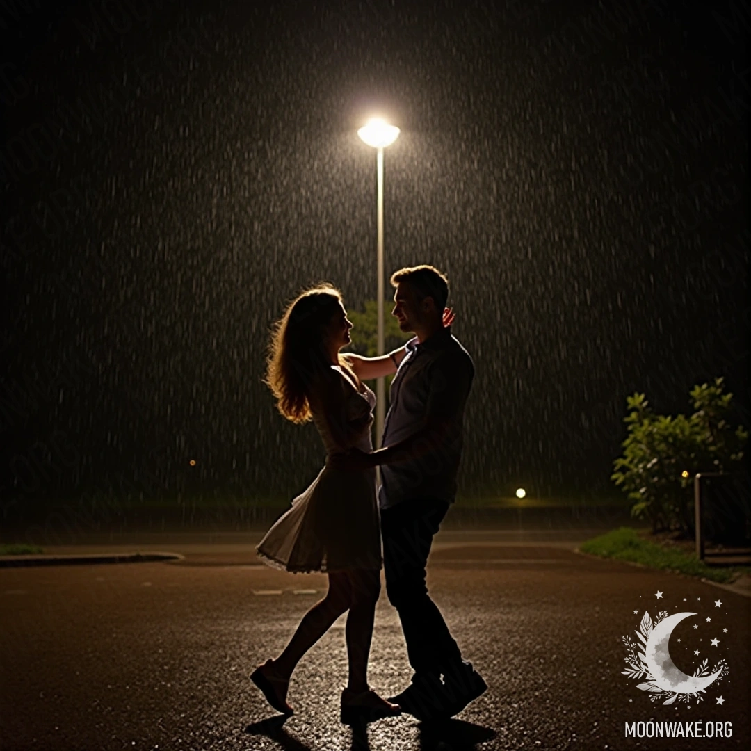 A couple joyfully dancing in the rain under a streetlamp.