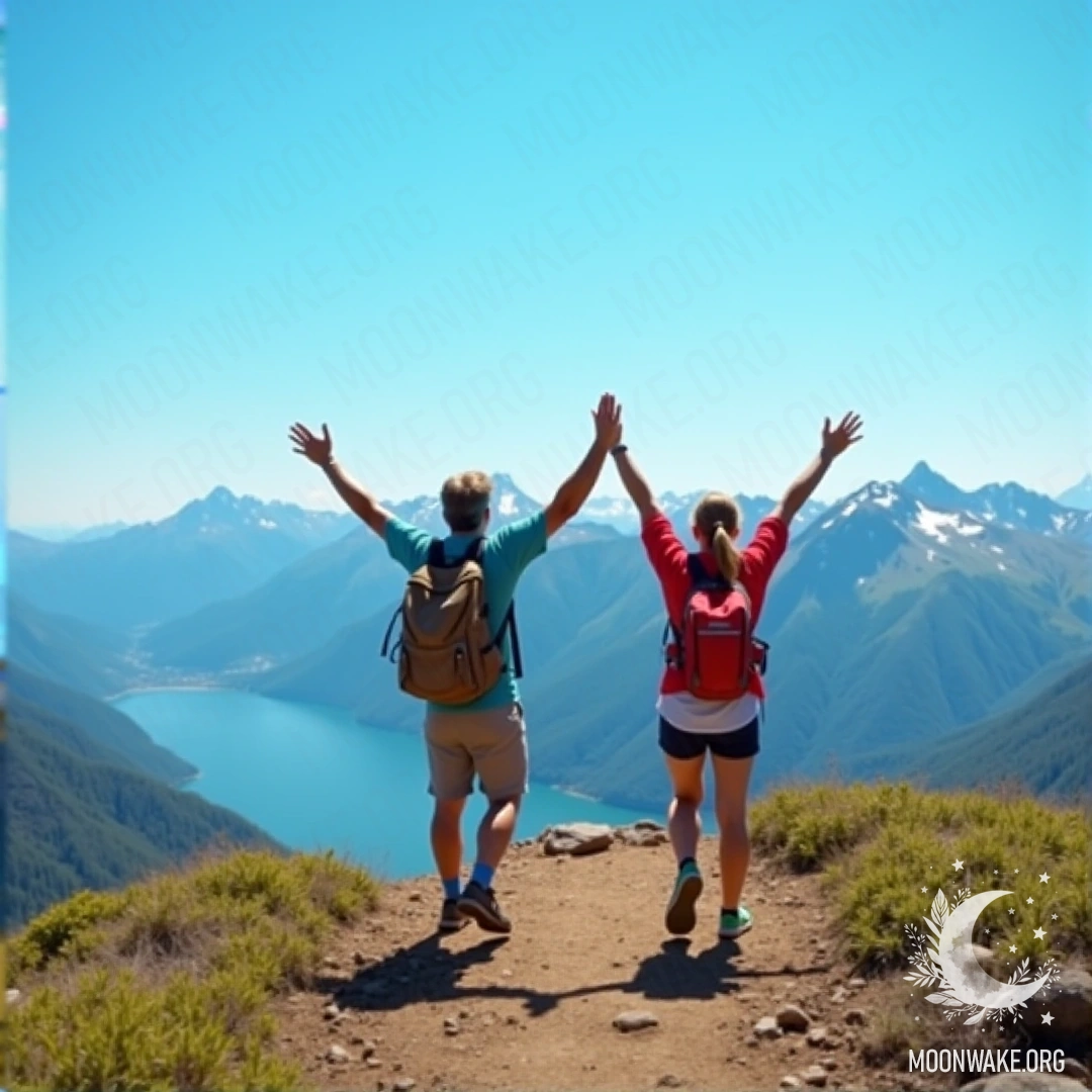A couple hiking reaches the top of a mountain with hands raised in victory under a clear blue sky.