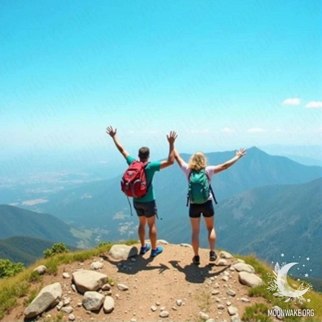 A couple hiking reaches the top of a mountain with hands raised in victory under a clear blue sky.