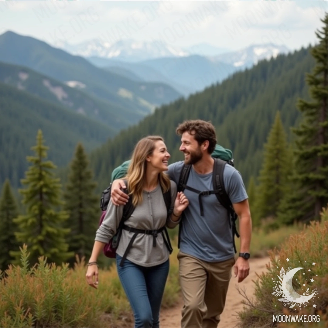 A couple hiking together in the mountains, smiling and laughing.