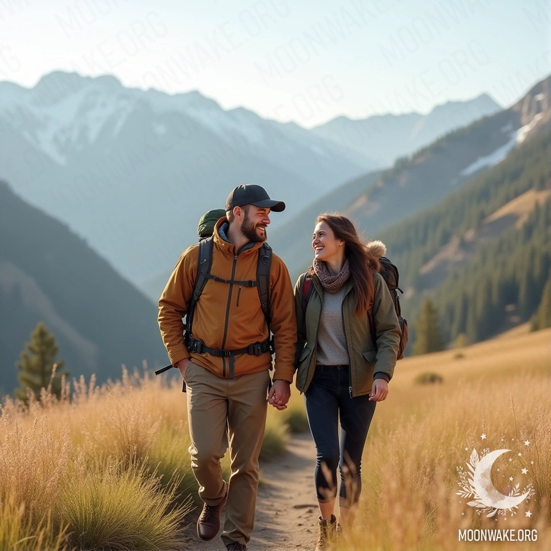 A couple hiking together in the mountains, smiling and laughing.