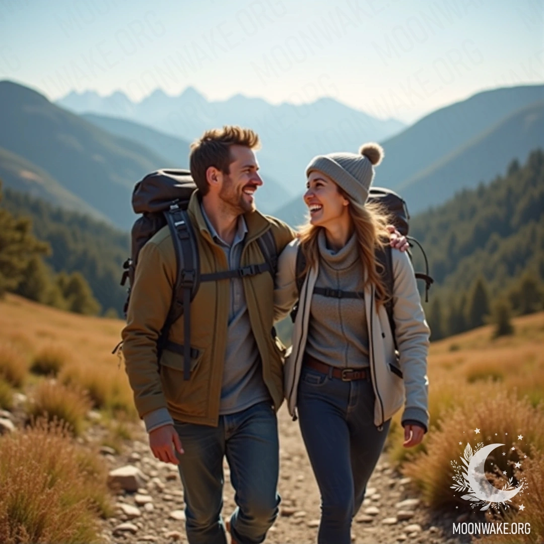 A couple hiking together in the mountains, smiling and laughing.