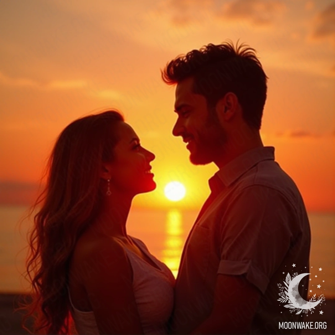 A couple standing face to face, gazing softly at each other with a sunset in the background.