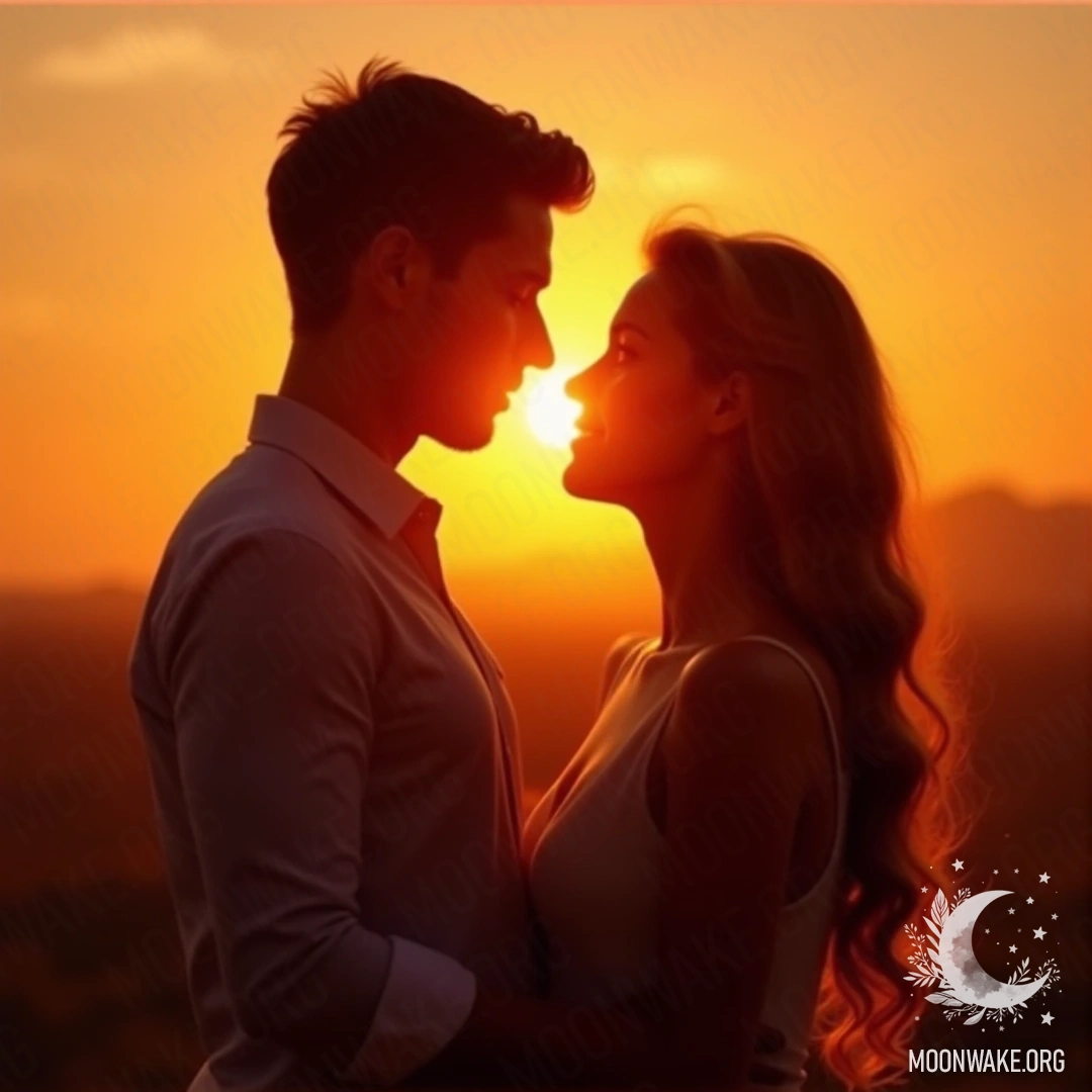 A couple standing face to face, gazing softly at each other with a sunset in the background.