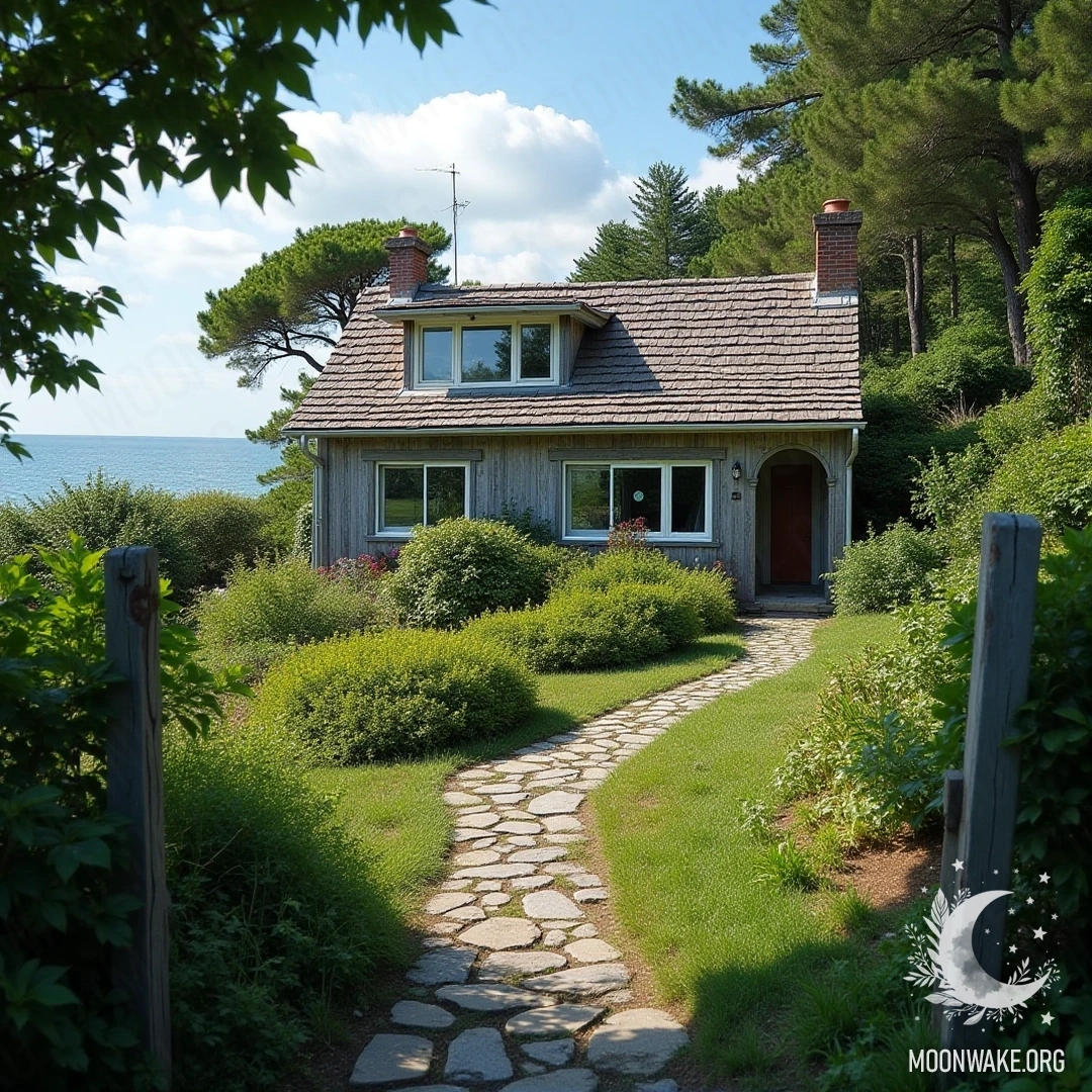 A cozy seaside cottage surrounded by greenery and a stone path.