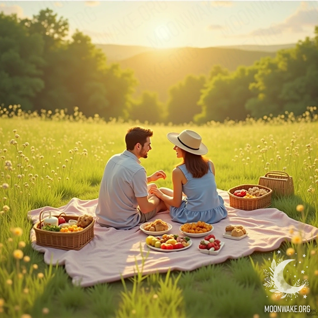 A couple enjoying a picnic in a serene meadow with a blanket and baskets of food on a sunny day.
