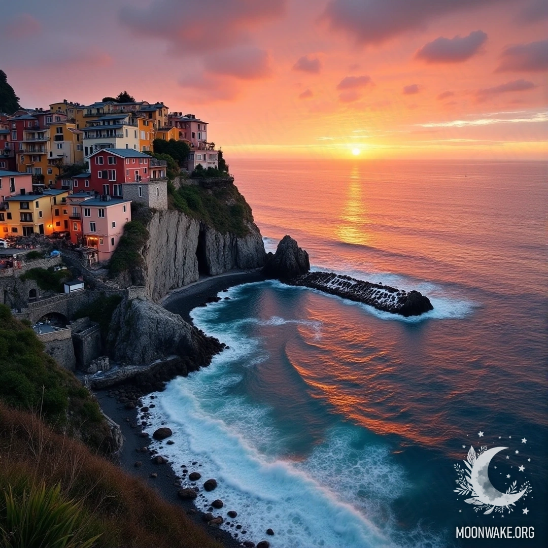 A scenic view of a coastal village with cottages and a sunset.