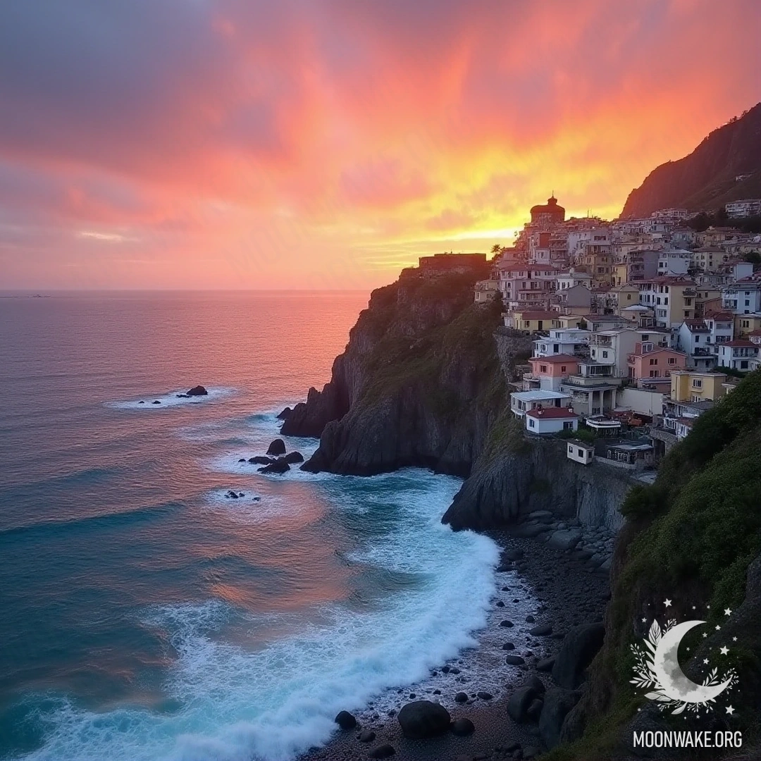 A scenic view of a coastal village with cottages and a sunset.