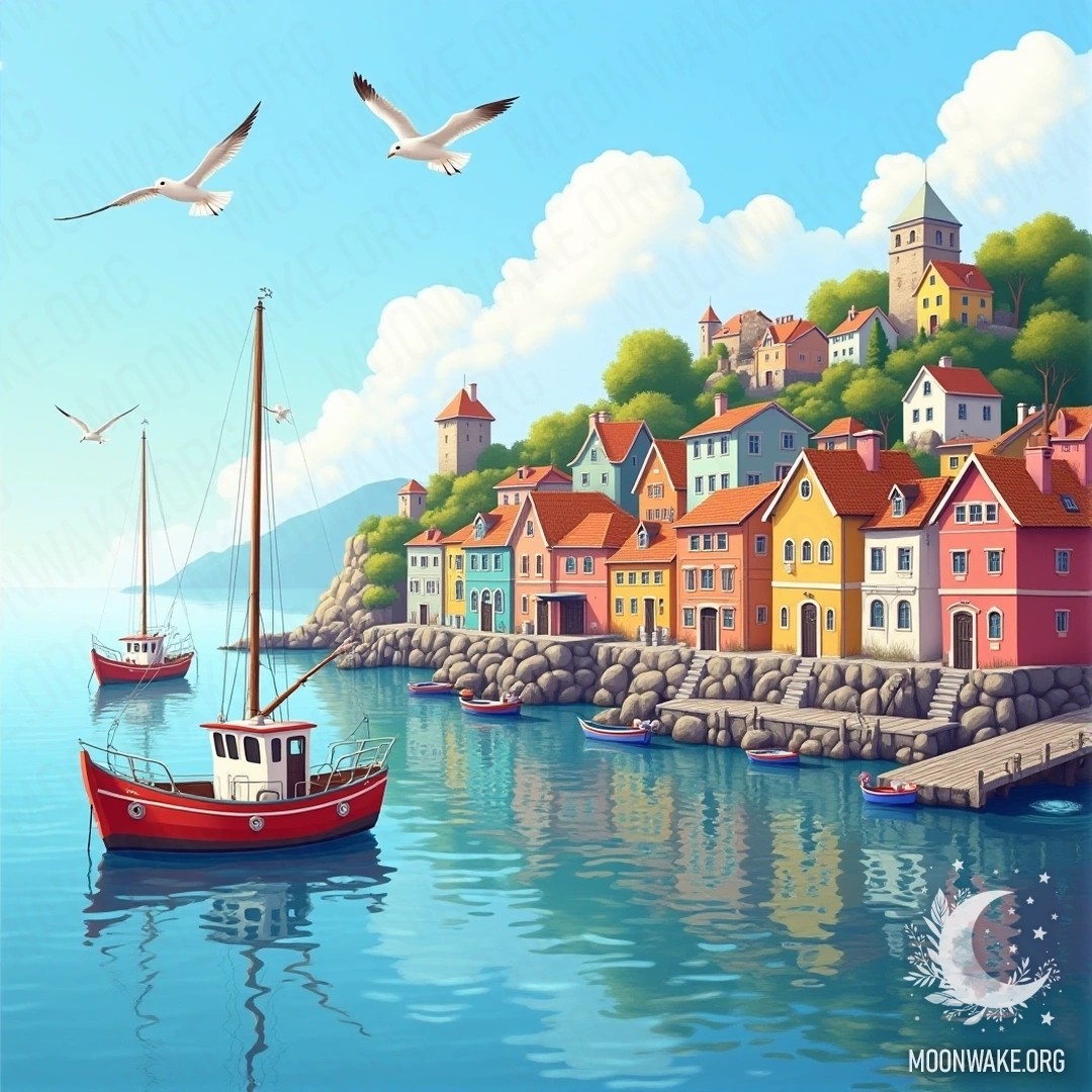 A picturesque village by the sea with colorful houses and fishing boats.