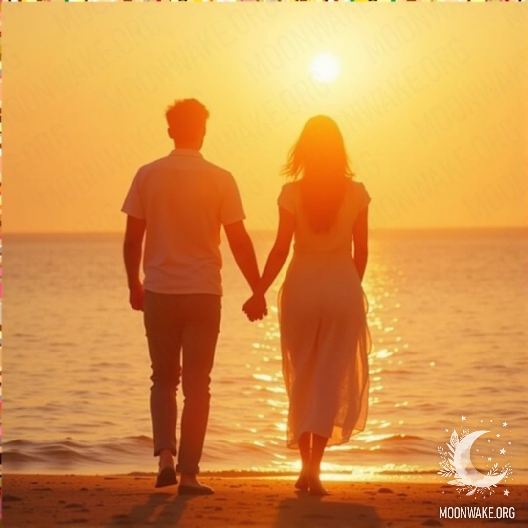 A couple holding hands walking on a beach during sunset, with golden sunlight reflecting on the calm sea.