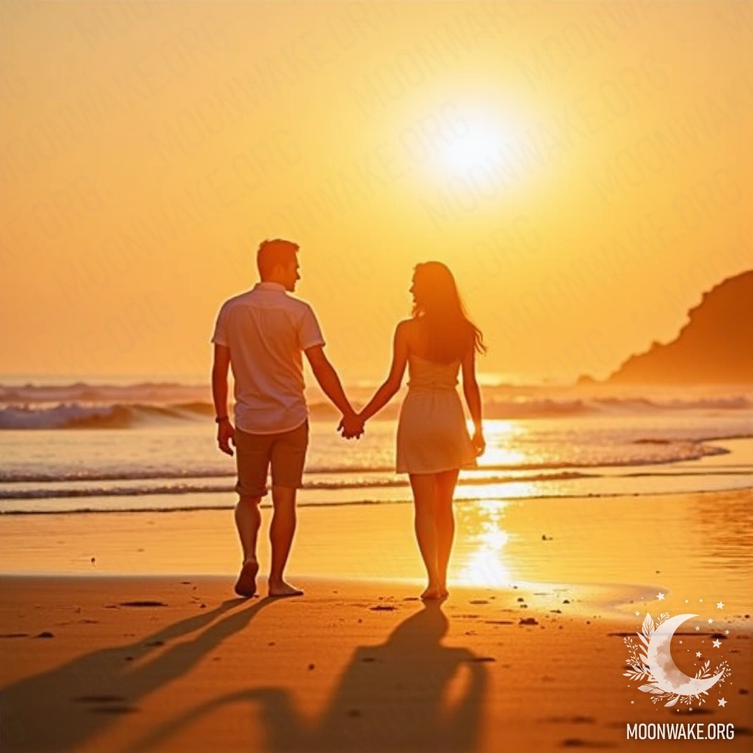 A couple holding hands walking on a beach during sunset, with golden sunlight reflecting on the calm sea.