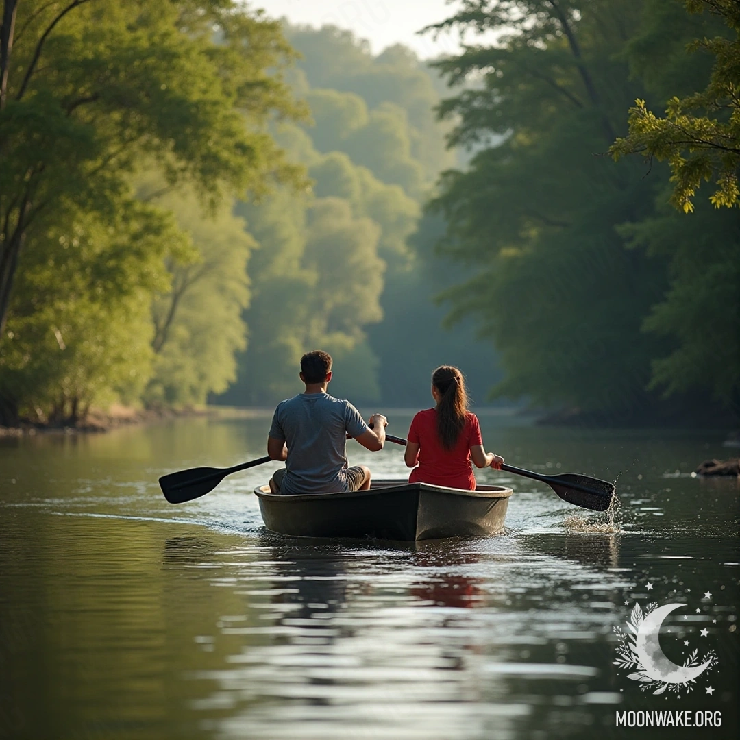 A couple paddling a boat through serene waters, surrounded by greenery.