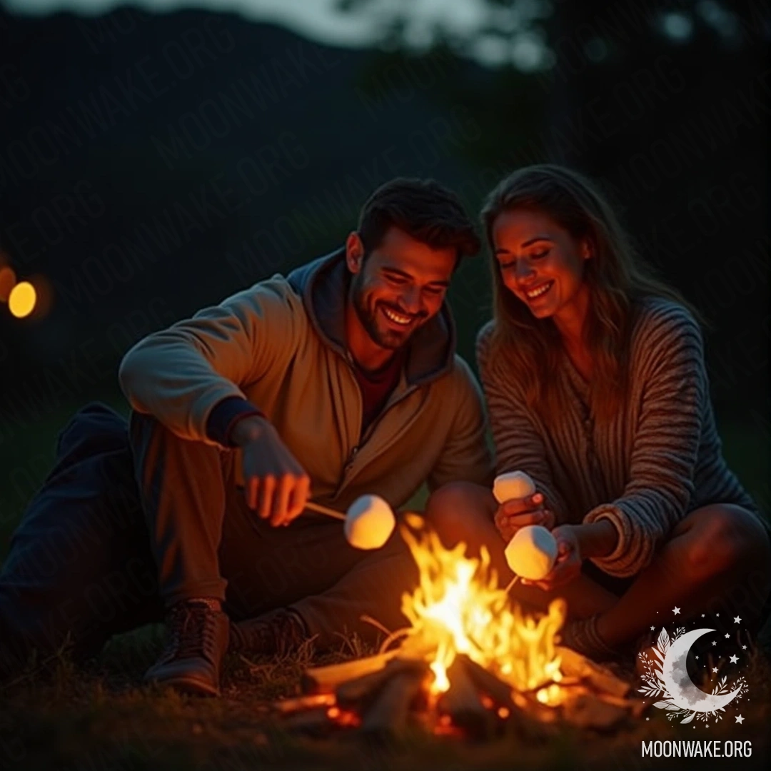 A couple sitting by a campfire, roasting marshmallows in the night.