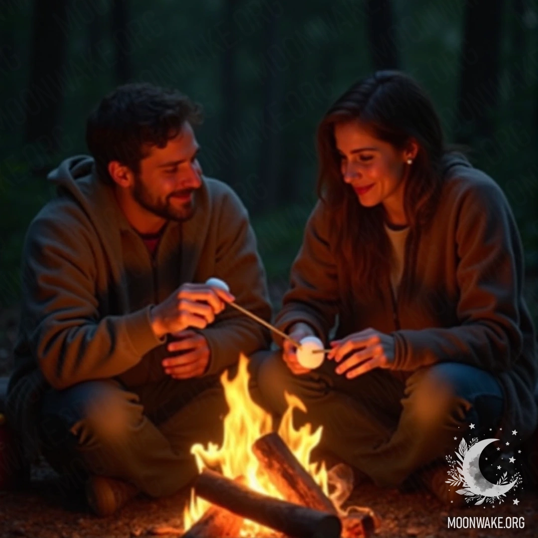 A couple sitting by a campfire, roasting marshmallows in the night.