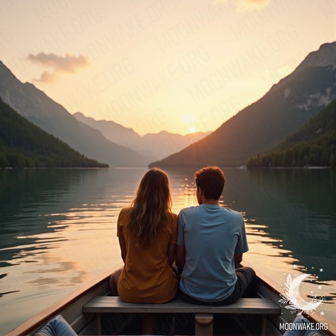 A couple on a boat in a calm lake, mountains in the background and a sunset sky.