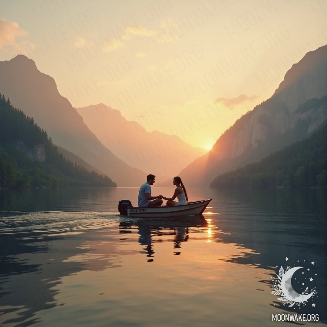 A couple on a boat in a calm lake, mountains in the background and a sunset sky.