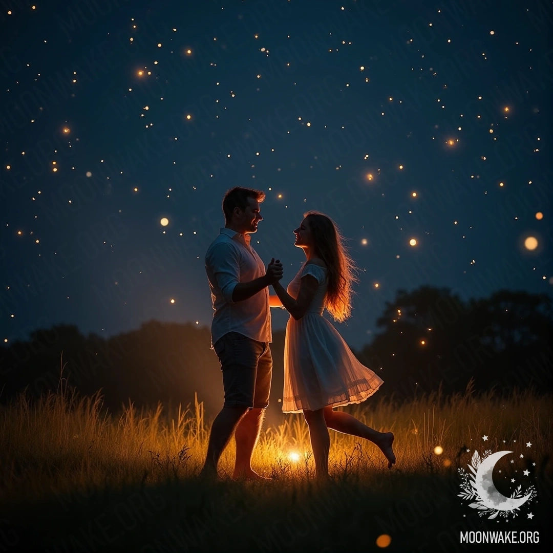 A couple dancing barefoot in a meadow filled with fireflies at night.