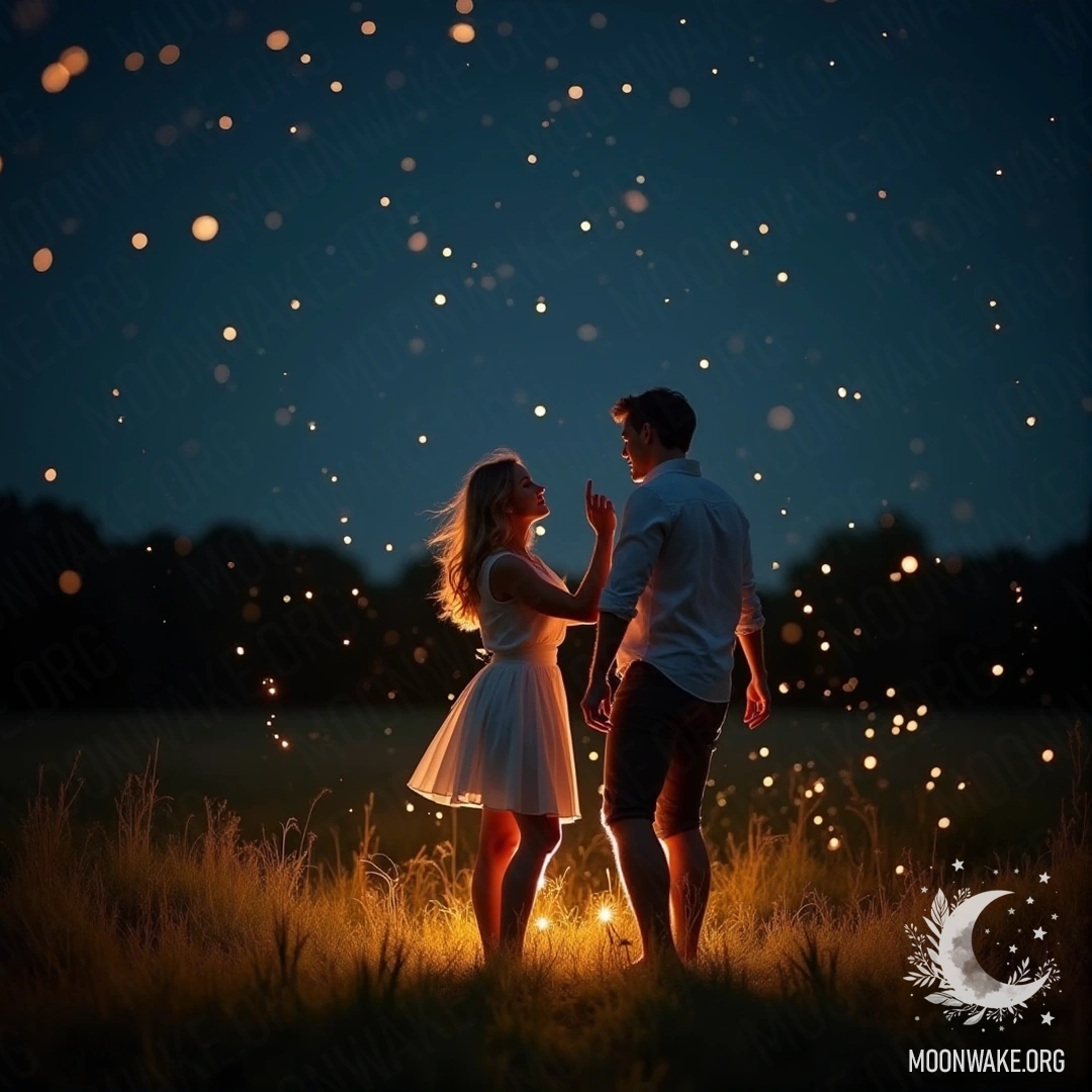 A couple dancing barefoot in a meadow filled with fireflies at night.