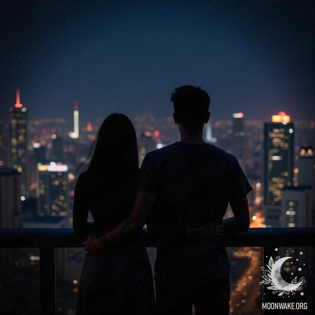A couple embraces on a balcony, gazing at the city skyline at night.