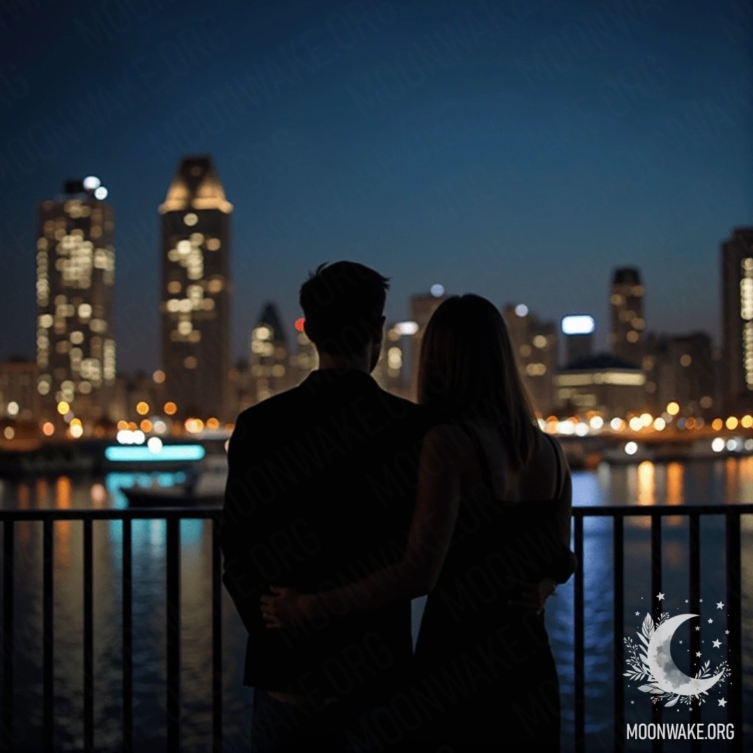 A couple embraces on a balcony, gazing at the city skyline at night.