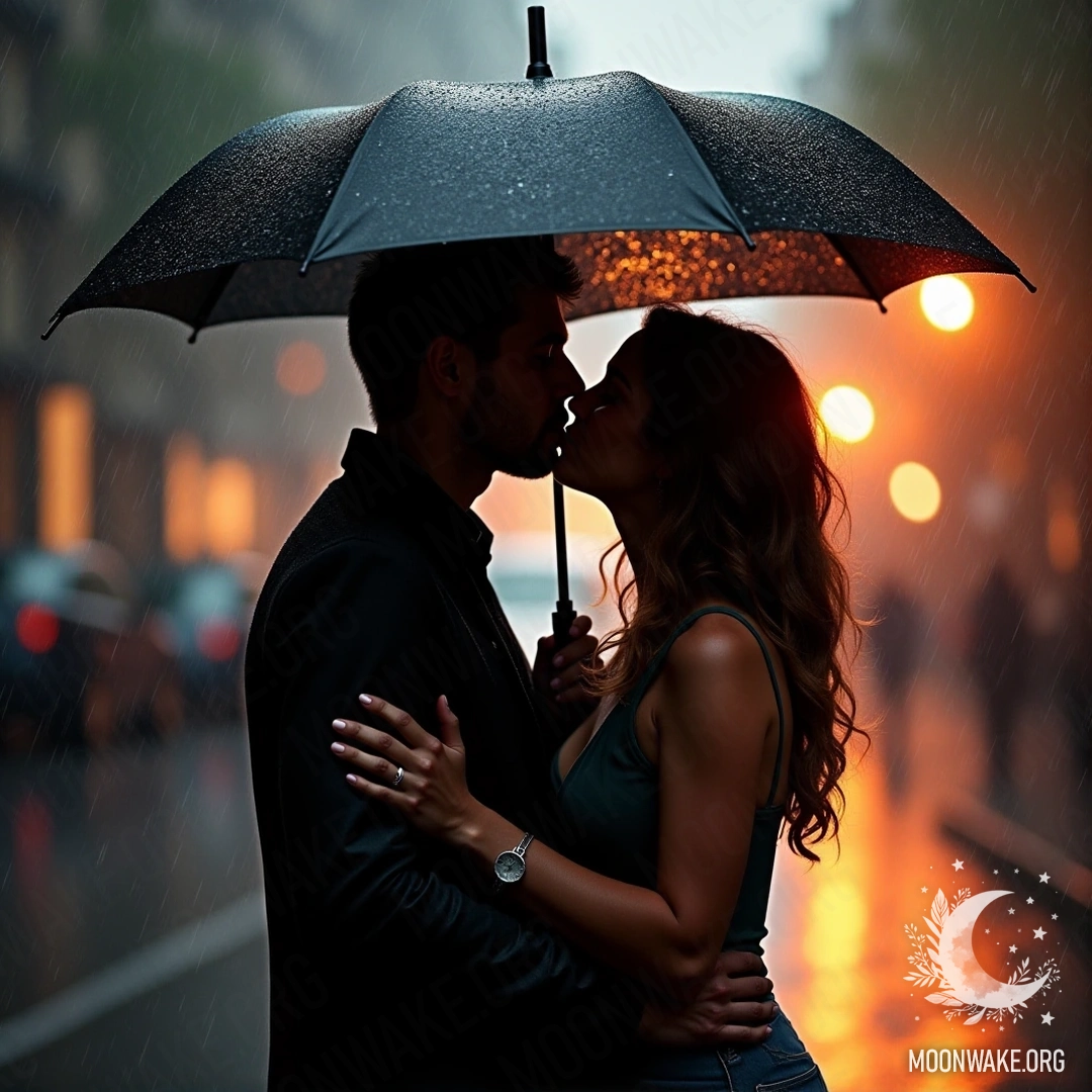 A couple sharing a kiss under an umbrella in the rain.