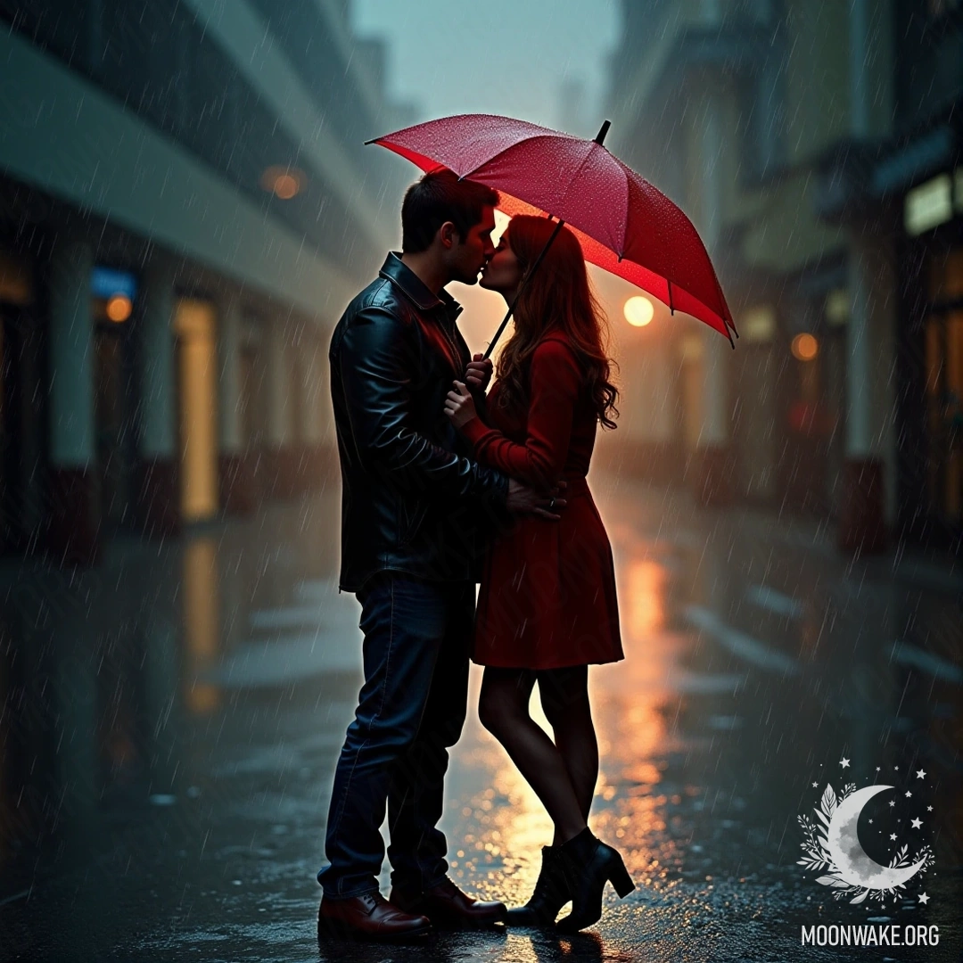 A couple sharing a kiss under an umbrella in the rain.