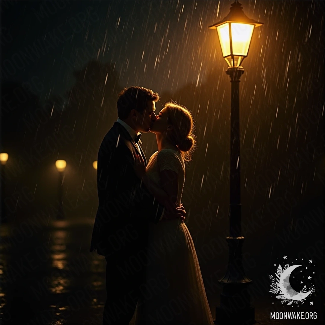 A couple sharing a kiss under a glowing street lamp in the rain.