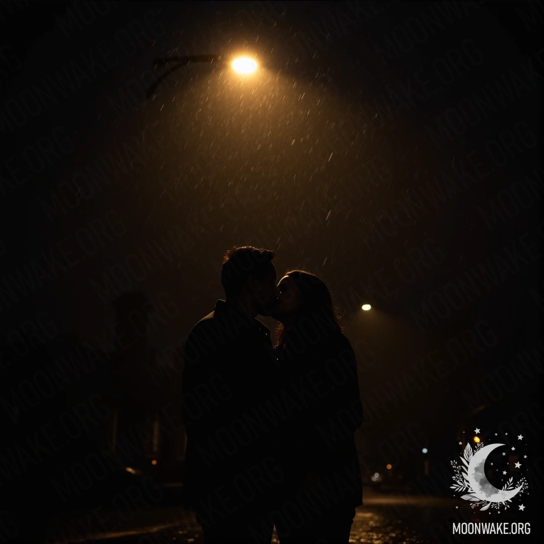 A couple sharing a kiss under a glowing street lamp in the rain.