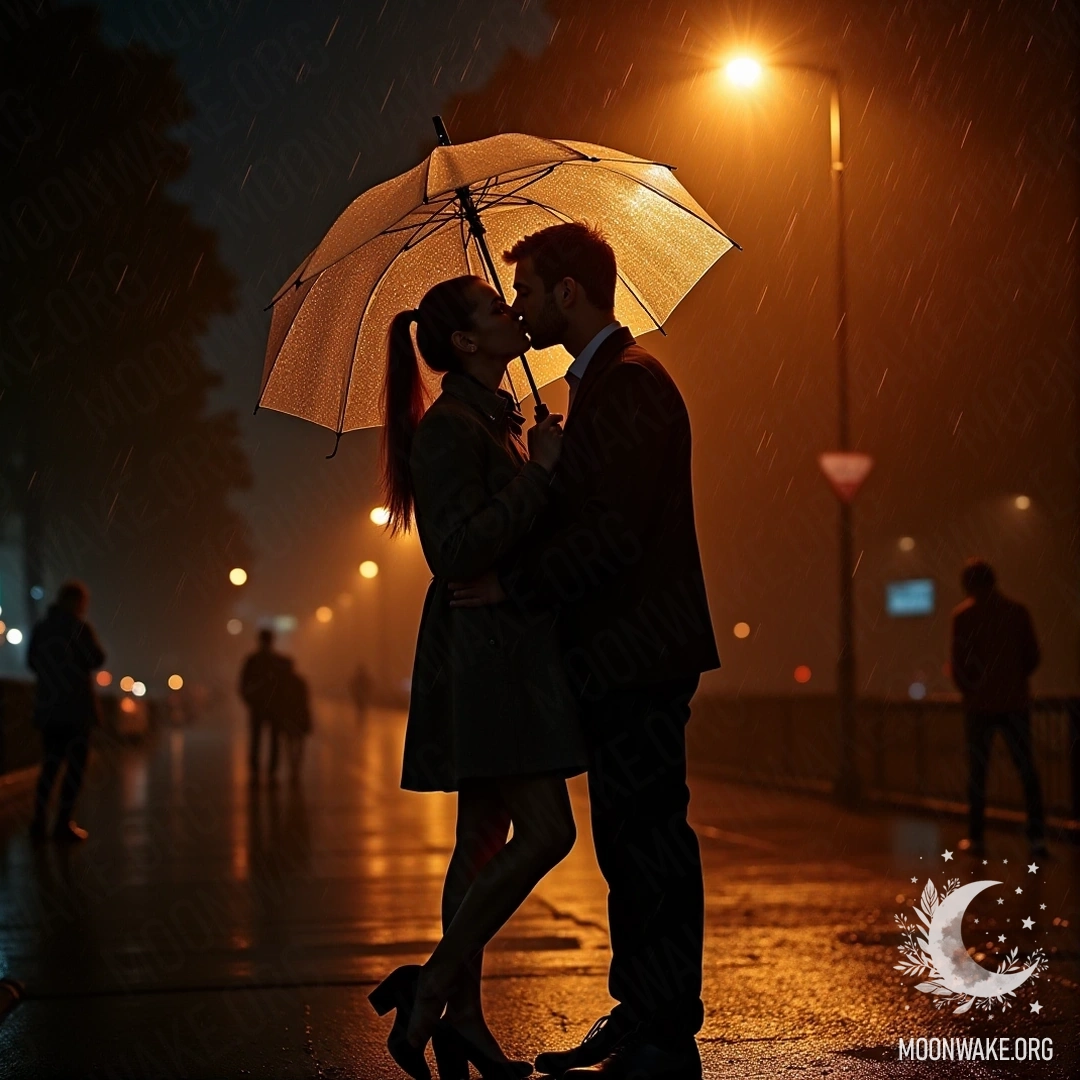 A couple kissing under an umbrella in the rain with warm streetlight around.