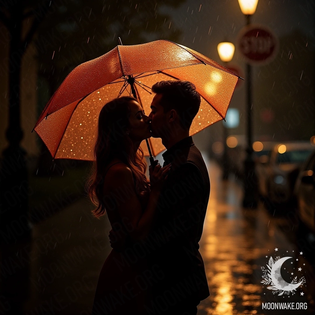A couple kissing under an umbrella in the rain with warm streetlight around.