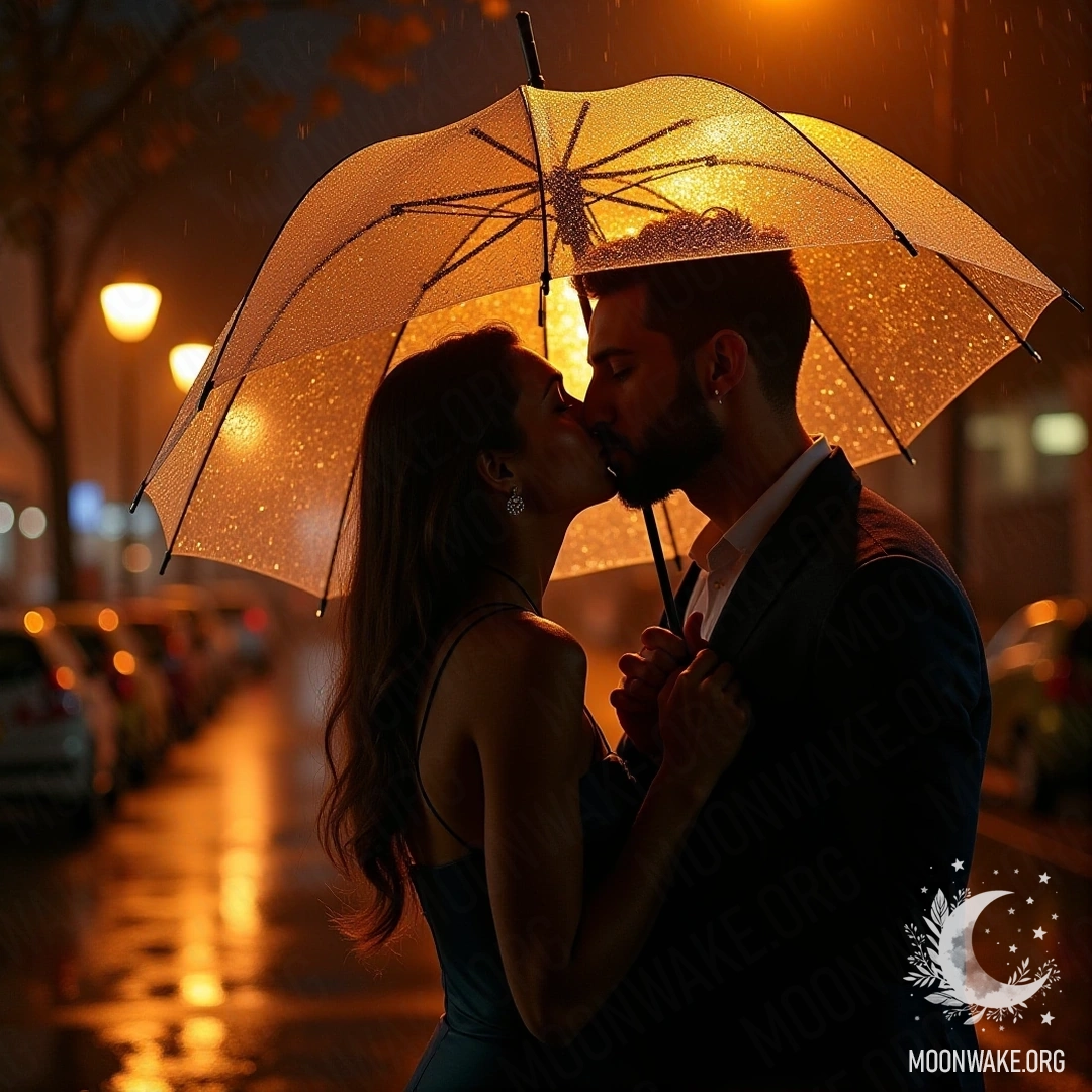 A couple kissing under an umbrella in the rain with warm streetlight around.