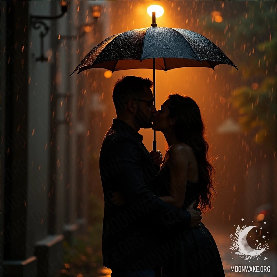 A couple kissing under an umbrella in gentle evening rain.