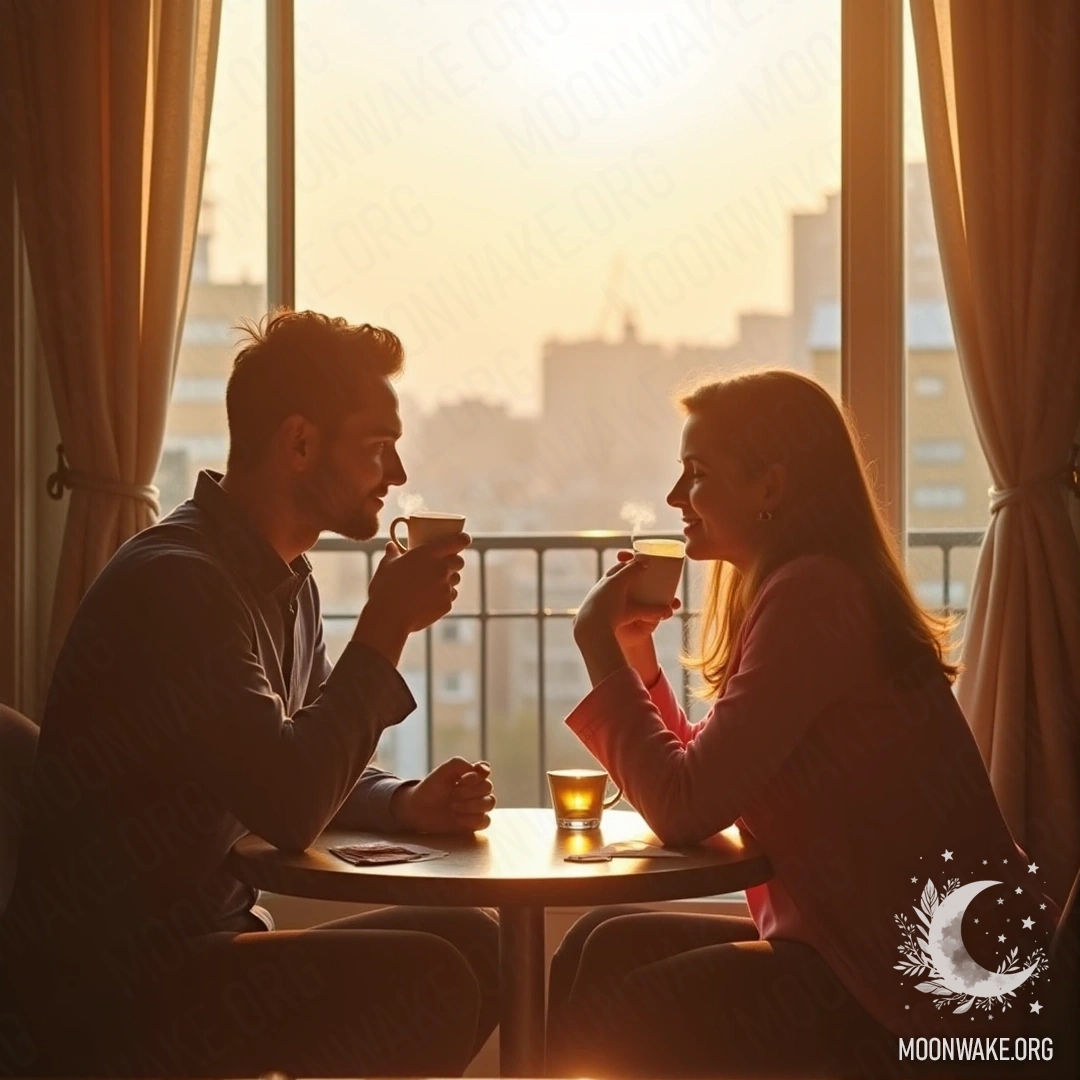 A couple enjoying coffee together on a terrace with a city view.
