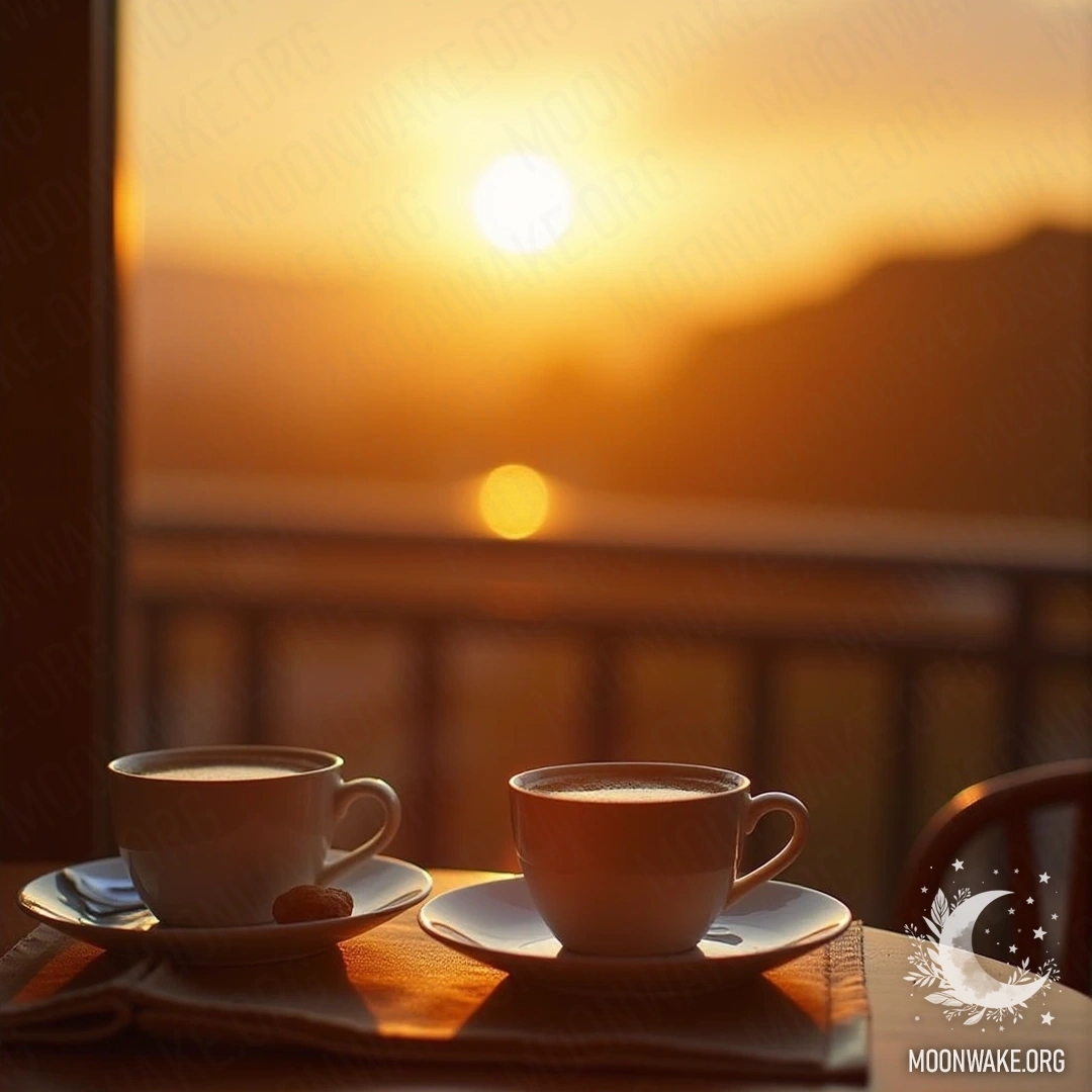 A cozy balcony setting with two cups of tea and a sunrise view.
