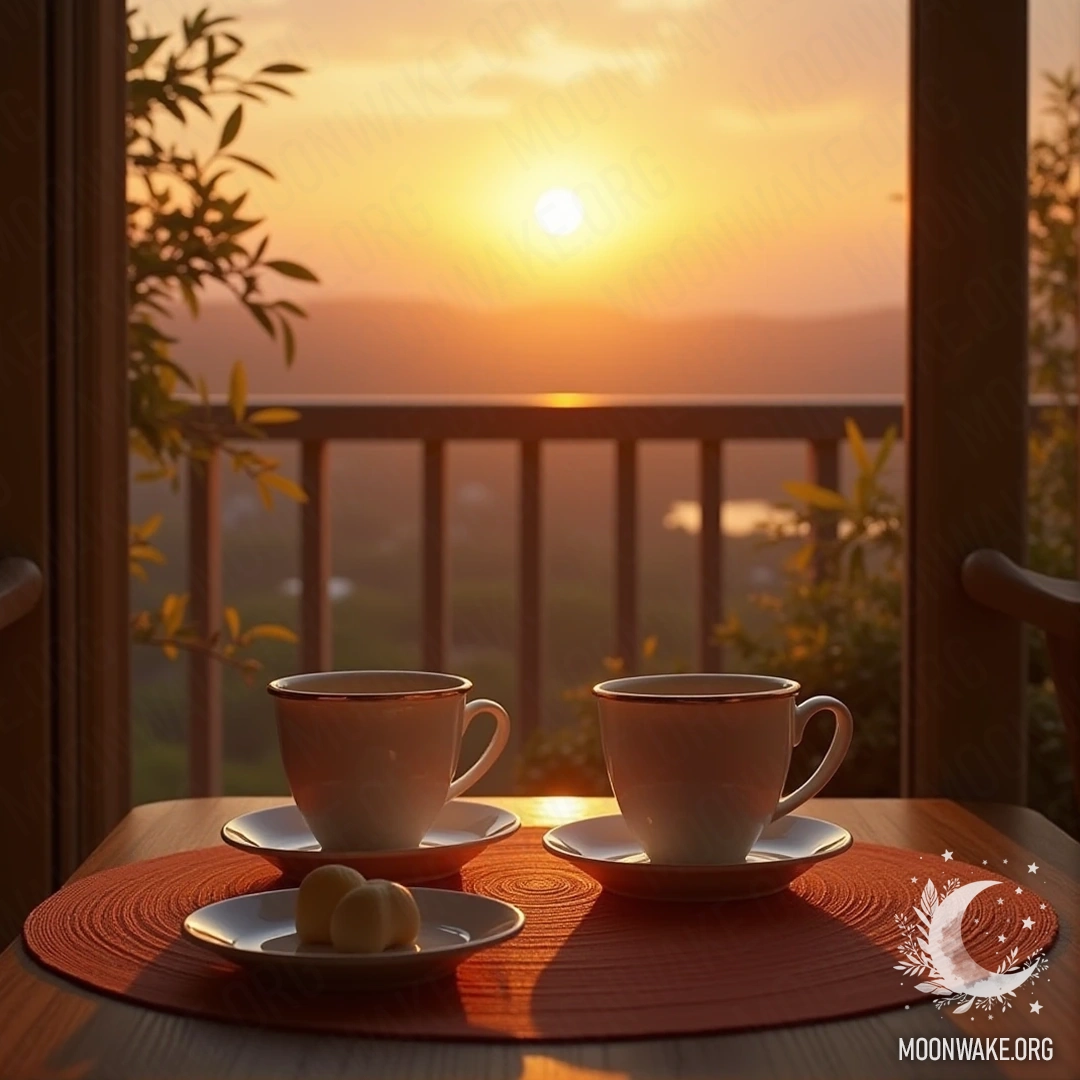 A cozy balcony setting with two cups of tea and a sunrise view.