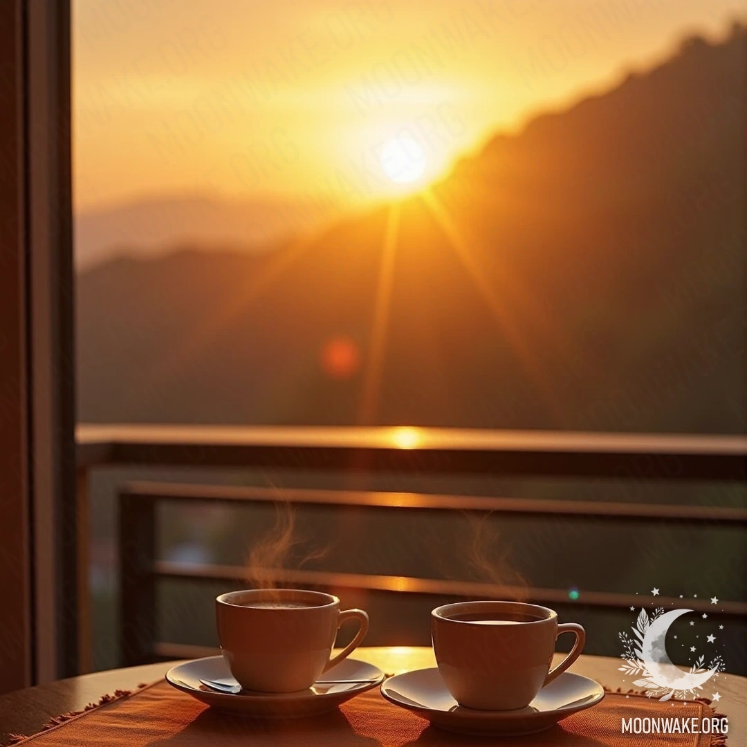 A cozy balcony setting with two cups of tea and a sunrise view.