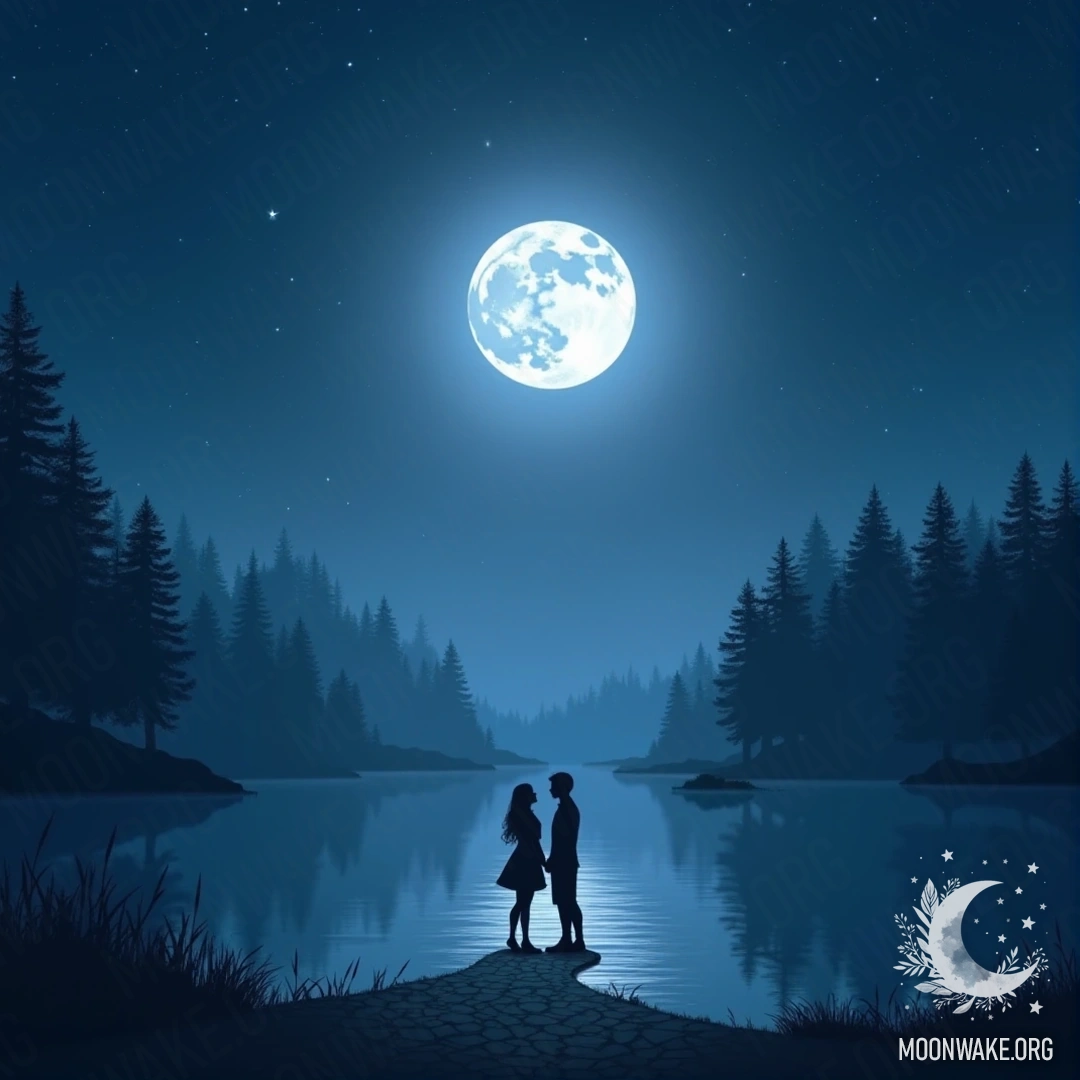 A serene night scene featuring a full moon over a lake with a couple's silhouettes on the shore, and a starry sky.