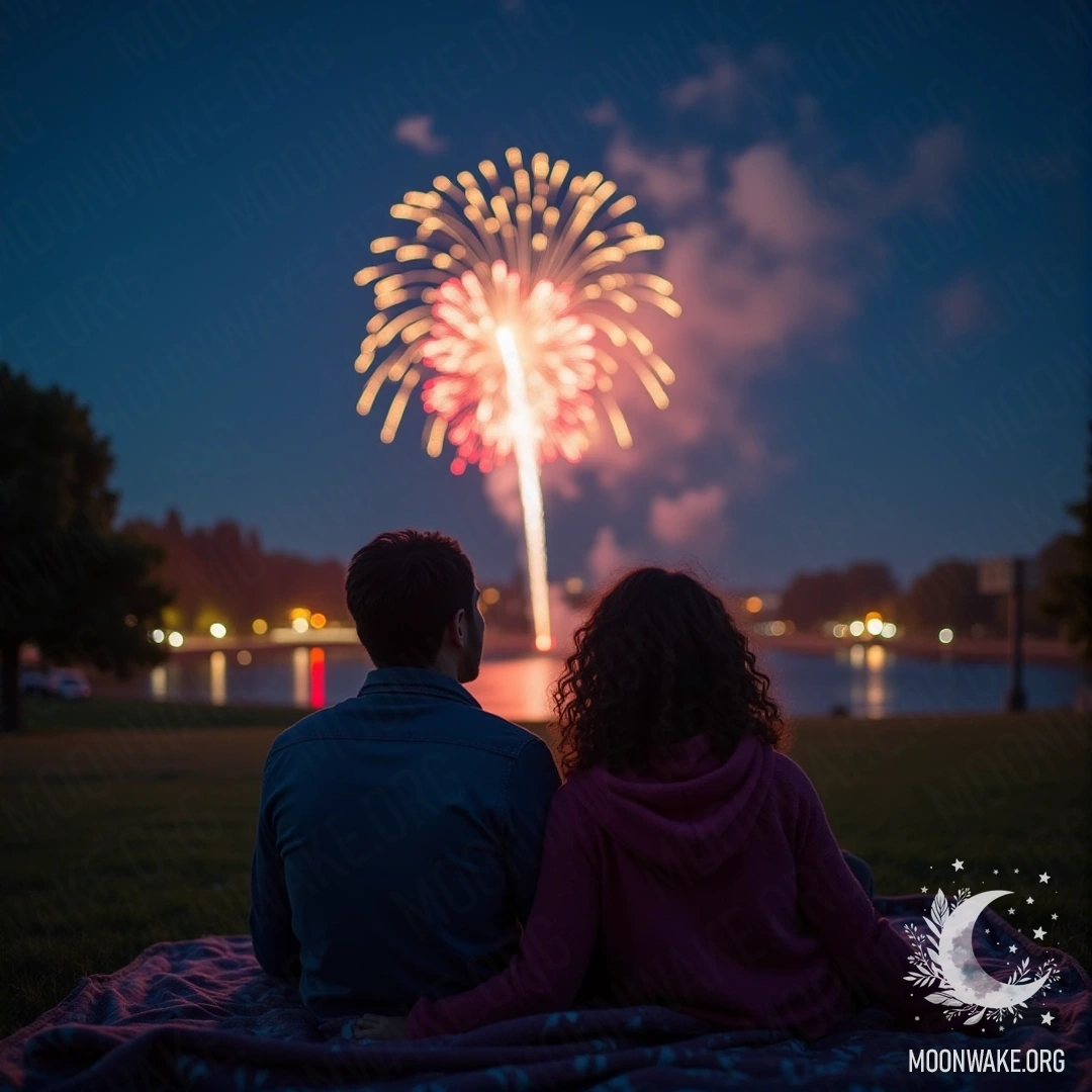 A couple snuggled under a blanket, watching colorful fireworks in the night sky.