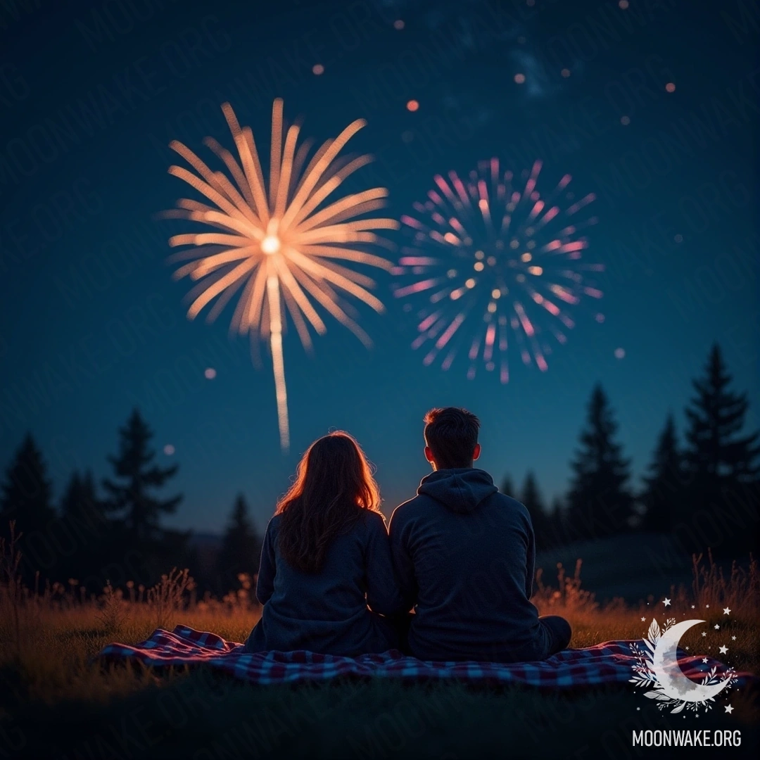 A couple snuggled under a blanket, watching colorful fireworks in the night sky.