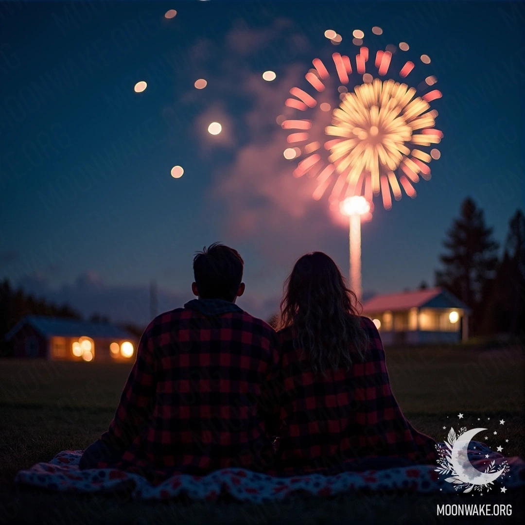A couple snuggled under a blanket, watching colorful fireworks in the night sky.