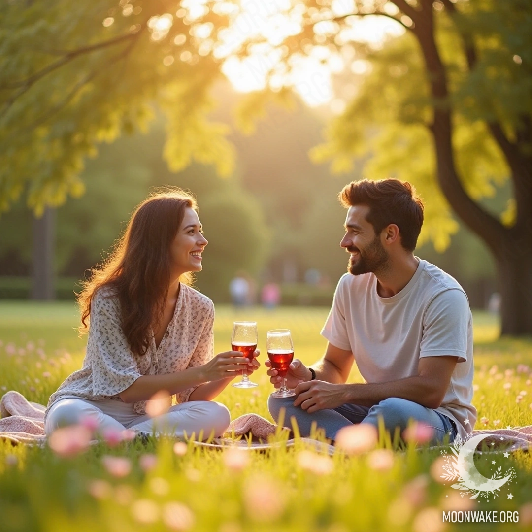 A couple enjoying a sunny picnic surrounded by blooming flowers.