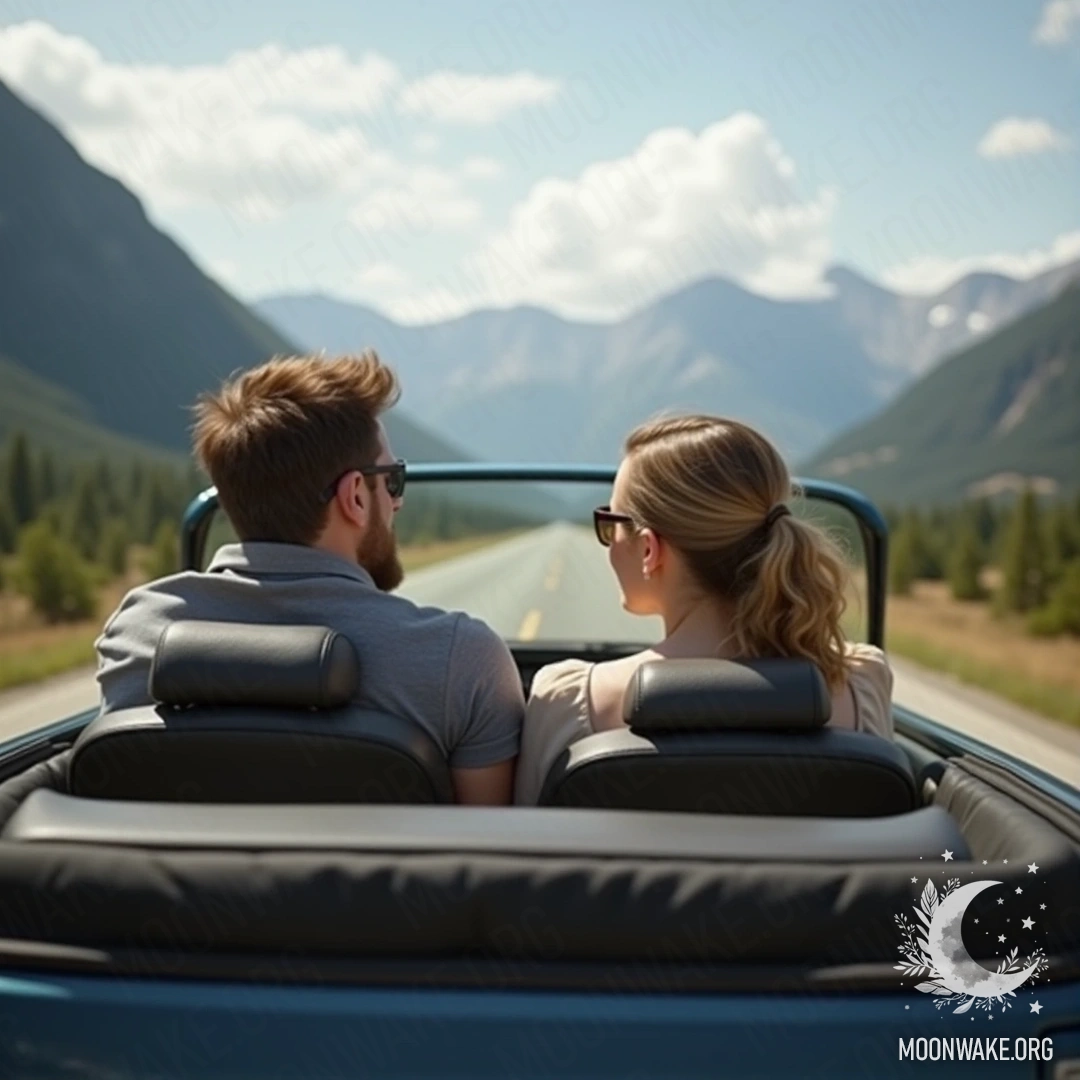 A couple enjoying a road trip in a car with scenic mountains in the background.