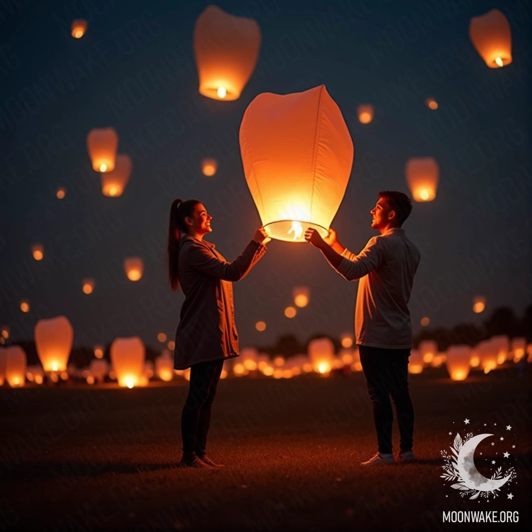 A couple releasing sky lanterns into the night sky, celebrating their love.
