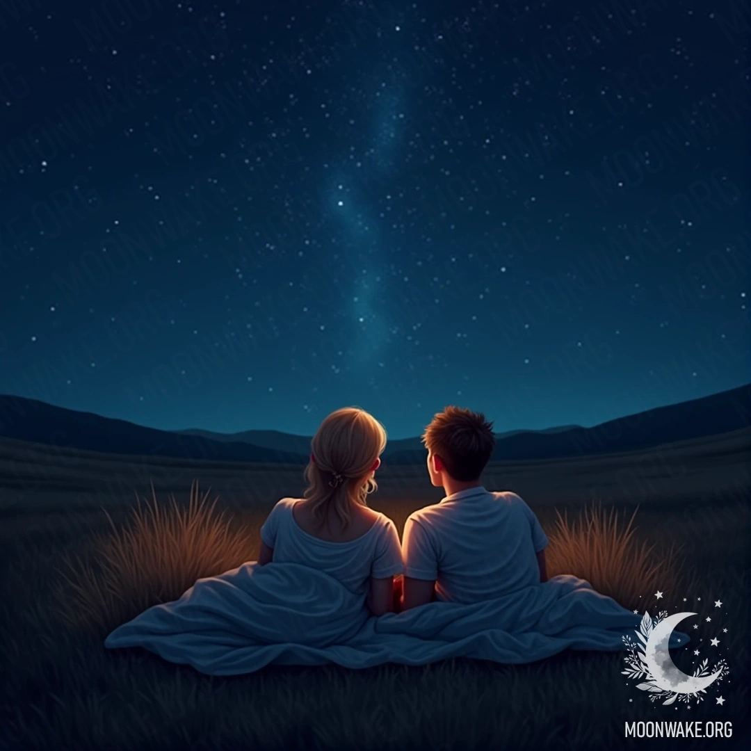 A couple lying on a blanket, watching stars in a clear night sky.