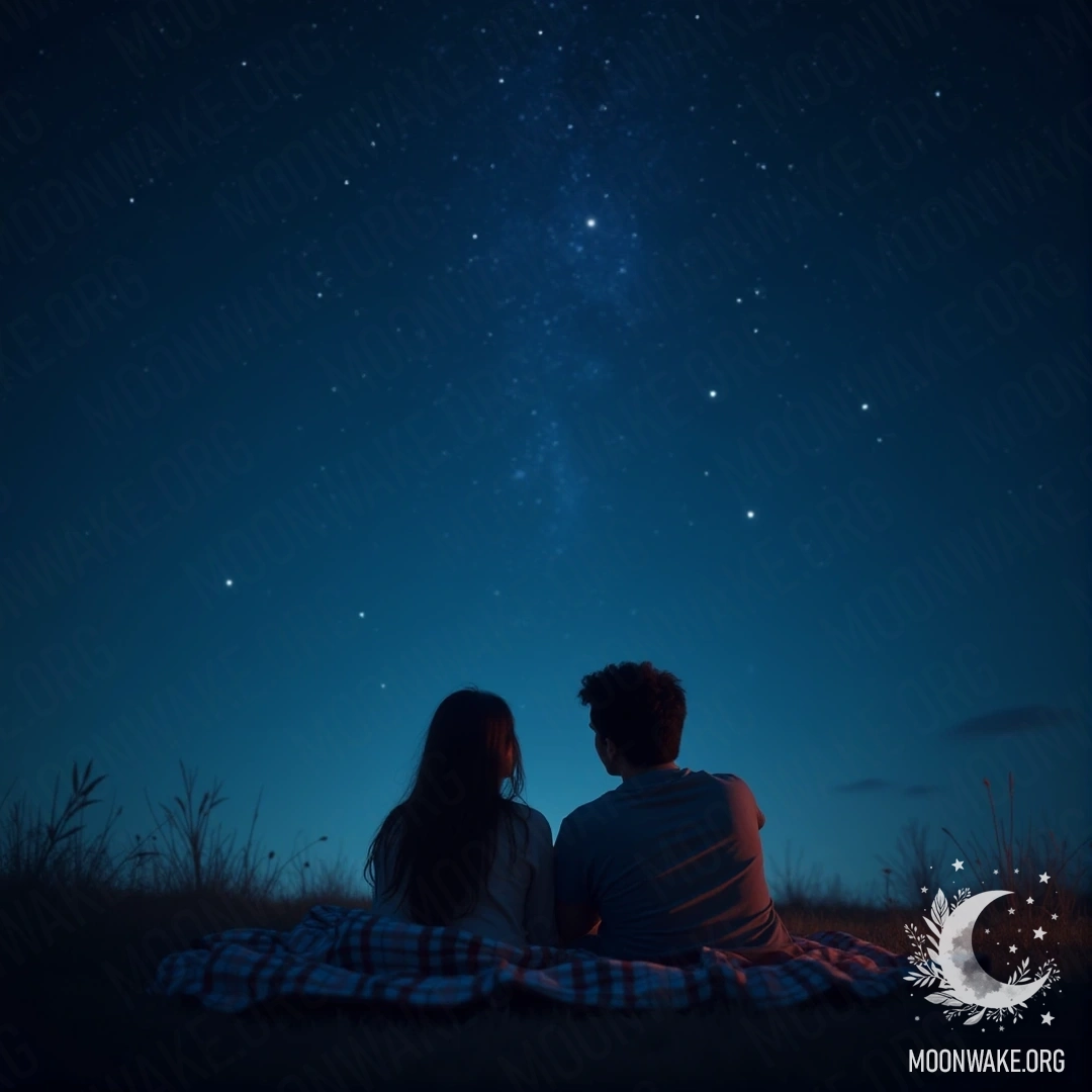 A couple lying on a blanket, watching stars in a clear night sky.